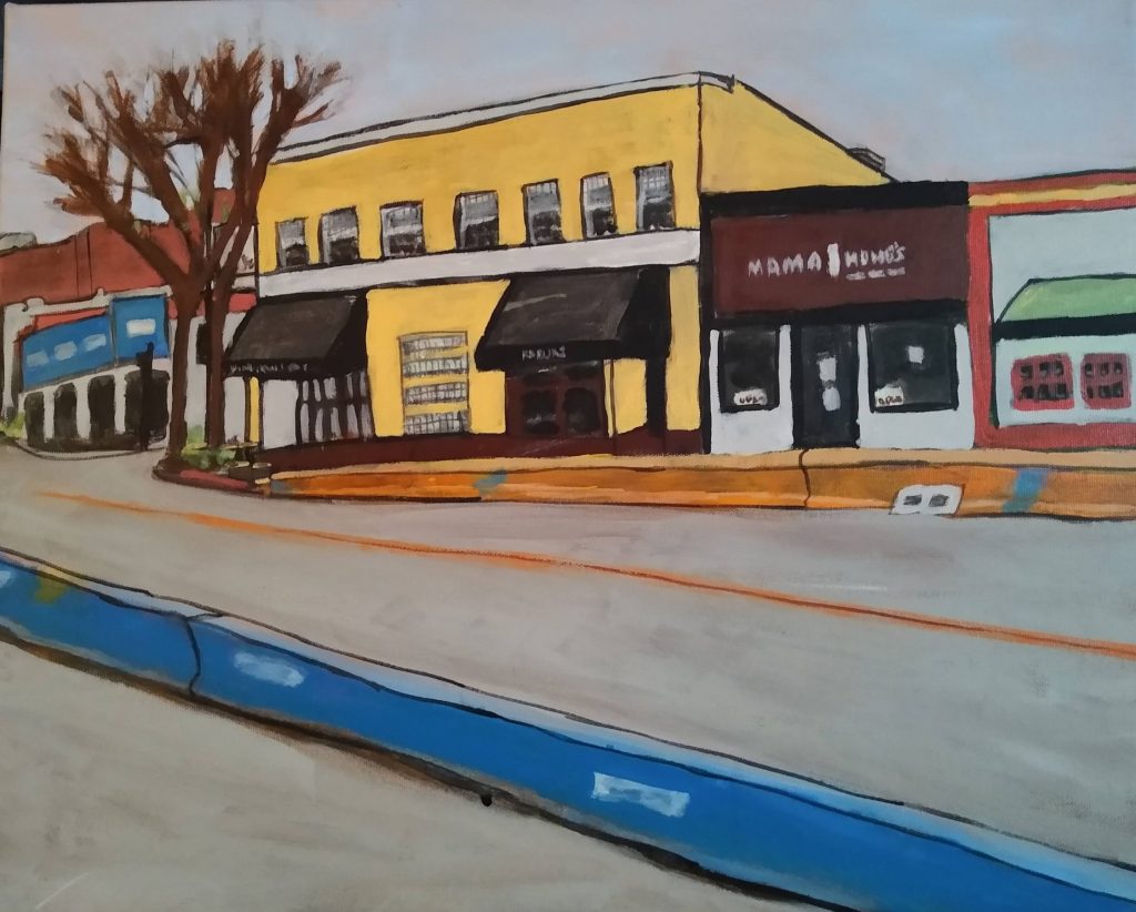 illustrative painting of shops in downtown burbank by Oscar Will