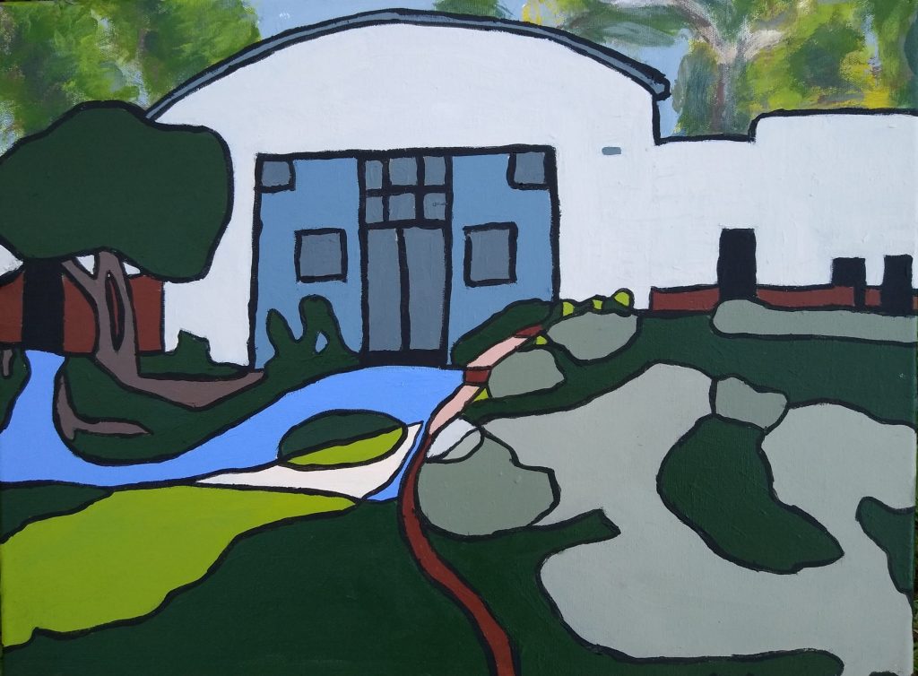 illustrative painting of a building and green area by Oscar Will